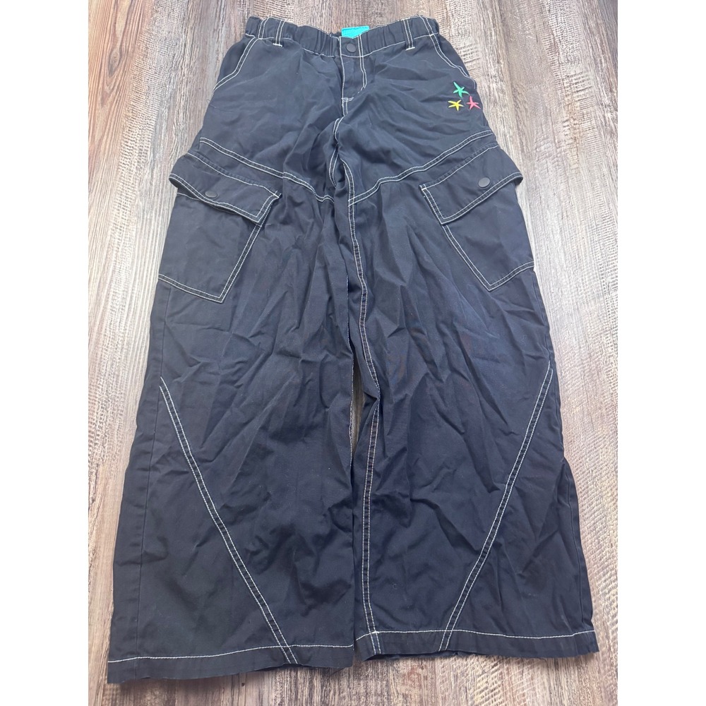 A-Lab Black Wide Leg Cargo Pants Contrast Stitch Star Embroidery XS Rave